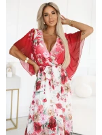 603-1 Vzdušné maxi šaty s obálkovým výstřihem a květinovým vzorem - RED ROSES 603-1 Vzdušné maxi šaty s obálkovým výstřihem a květinovým vzorem - RED ROSES