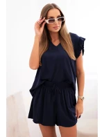 Dámská souprava z viskózy, blůza s volány a krátké šortky modré Dámská souprava z viskózy, blůza s volány a krátké šortky modré