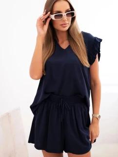 Dámská souprava z viskózy, blůza s volány a krátké šortky modré