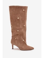 Nazouvací dámské kozačky na podpatku se zlatými ozdobami béžové Thaliane Nazouvací dámské kozačky na podpatku se zlatými ozdobami béžové Thaliane