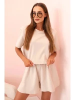 Dámský bavlněný komplet s širokými šortkami béžový