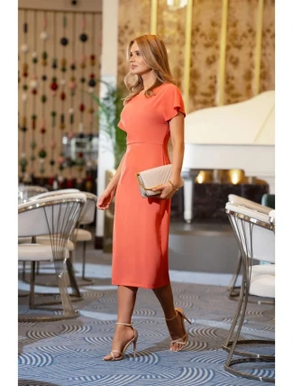 Tužkové šaty s rozparkem na boku S398 oranžové - Stylové