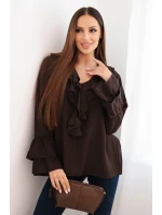 Dámská blůza z viskózy s volány a dlouhým rukávem hnědá
