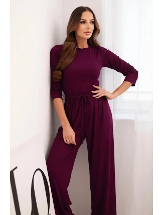 Dámská viskózová souprava s halenkou a širokými kalhotami tmavě fialová