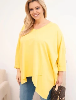 Dámská bavlněná blůza Plus Size s asymetrickým spodním lemem a výstřihem do V žlutá