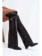 Zateplené kozačky s vytočenou holínkou za koleno podpatek sloupek černé Serelle