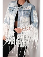 Dámská džínová bunda bavlněná s krajkou a třásněmi jasně džínová