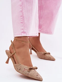 Dámské krajkové sandály na podpatku s mašlí Béžové Maribelle