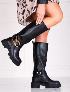 Módní dámské kozačky černé na plochém podpatku