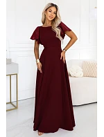 694-3 MIRELLA Elegantní maxi šaty s rozšiřujícími se sukněmi a flitrovými rukávy – vínová 694-3 MIRELLA Elegantní maxi šaty s rozšiřujícími se sukněmi a flitrovými rukávy – vínová