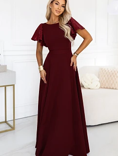 694-3 MIRELLA Elegantní maxi šaty s rozšiřujícími se sukněmi a flitrovými rukávy – vínová