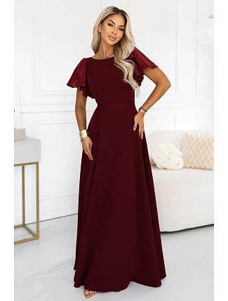 694-3 MIRELLA Elegantní maxi šaty s rozšiřujícími se sukněmi a flitrovými rukávy – vínová 694-3 MIRELLA Elegantní maxi šaty s rozšiřujícími se sukněmi a flitrovými rukávy – vínová