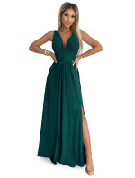 SUSAN - Dlouhé dámské brokátové šaty v lahvově zelené barvě s výstřihem a prošitím v pase 490-3