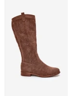 Kozačky S Ažurovým Svrškem Na Plochém Podpatku Hnědé S.Barski HY51-860