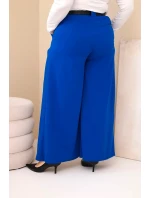 Dámské kalhoty Plus Size viskózové s širokými nohavicemi a páskem chabrové