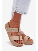 Dámské platformové pantofle se pásky a zlatým detailem Béžové Tahlia