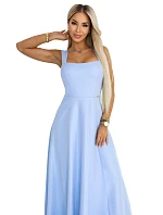 633-4 Dlouhé svatební šaty AURELIA s rozparkem a výstřihem - modré s třpytkami