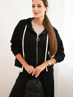 Dámská souprava máslo s širokými nohavicemi a mikinou na zip černý