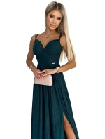 460-1 JOVITE brokátové dlouhé šaty bez ramínek s rozparkem na nohou - BOTTLE GREEN 460-1 JOVITE brokátové dlouhé šaty bez ramínek s rozparkem na nohou - BOTTLE GREEN