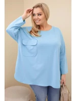Dámská blůza Plus Size s bavlnou, s kapsou a ohrnovacími rukávy modrá