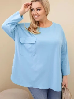 Dámská blůza Plus Size s bavlnou, s kapsou a ohrnovacími rukávy modrá