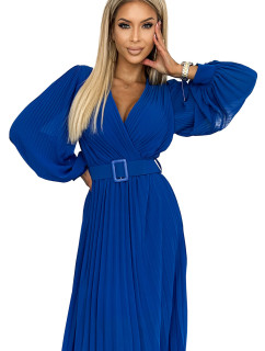 Plisované šaty s páskem a výstřihem Numoco KLARA - modré