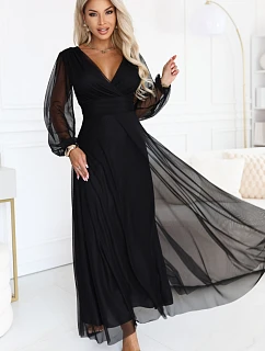 684-4 NERISSA – elegantní tylový maxi šaty s výstřihem do V – černé