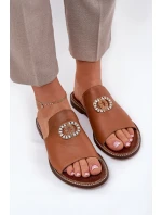 Elegantní Dámské Kožené Pantofle S Dekorací Zazoo 3008 Camel