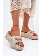 Dámské Pantofle Na Klínu S Pleteninou A Dekorací Béžové Isolene