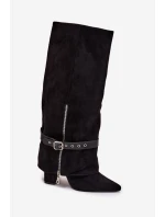 Dámské wsuwané kozačky nad koleno na sloupkovém podpatku s ozdobným páskem Jolivine – černé