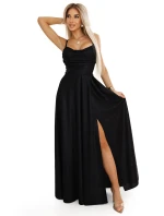 589-1 Dlouhé šaty s jemným třpytem a korzetovým zavazováním na zádech - ČERNÉ se třpytkami