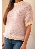 Dámský svetr s krátkým rukávem a kontrastním lemem tmavě pudrově růžový