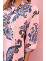 Dámská bavlněná blůza s ozdobným potiskem a ohrnutými rukávy cukrově růžová