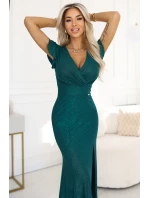 598-2 IRINA oslnivé dlouhé šaty s brokátem, obálkovým výstřihem a rozparkem na nohou - lahvově zelené 598-2 IRINA oslnivé dlouhé šaty s brokátem, obálkovým výstřihem a rozparkem na nohou - lahvově zelené