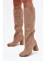 Ženské kozačky s vyhřívaným podpatkem s ozdobnými detaily béžové Lucinda