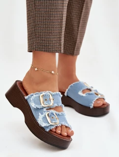 Dámské pantofle na platformě se zlatými sponami modré Renelisse