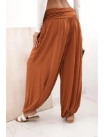 Dámské viskózové kalhoty s širokými nohavicemi a volánky zázvor