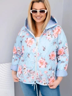 Dámská jarní prošívaná bunda Plus Size s kapucí a květinovým vzorem modrá
