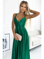 513-1 Elegantní dlouhé saténové šaty LUNA se srdíčkovým výstřihem a překříženými ramínky - BOTTLE GREEN