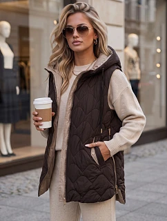 Dlouhá prošívaná dámská vesta s kapucí, hnědá, FashionStreet TY5921