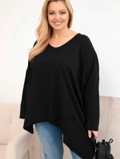 Dámská bavlněná blůza Plus Size s asymetrickým spodním lemem a výstřihem do V černá
