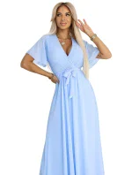 545-2 Dlouhé šaty se skládaným výstřihem a vázáním - MODRÉ