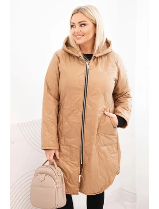 Dámská zimní prošívaná bunda Plus Size s kapucí camelová
