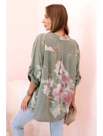 Dámská blůza z bavlny s květinovým vzorem a knoflíky khaki