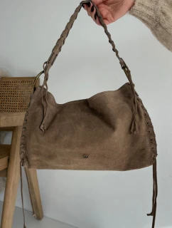 Kožená semišová kabelka s ozdobným šněrováním tmavě béžová Janelis