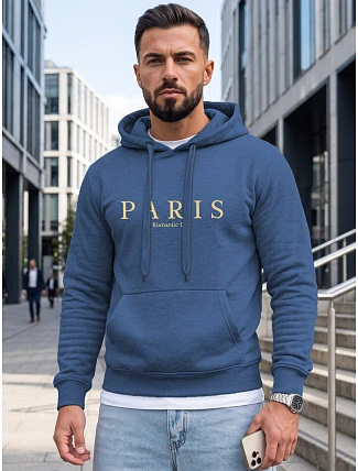 Pánská mikina s kapucí a potiskem PARIS, modrá, FashionStreet NX5147BX