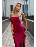 483-5 DIANE saténové dlouhé šaty s rozparkem na nohou - MALINE