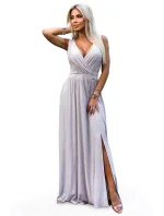 467-2 LOUISE dlouhé šaty s výstřihem a rozparkem na nohou - béžové s třpytkami