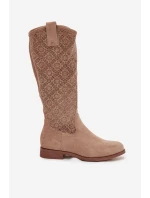 Dámské kozačky s perforací na nízkém podpatku S.Barski HY52-534 béžové Dámské kozačky s perforací na nízkém podpatku S.Barski HY52-534 béžové