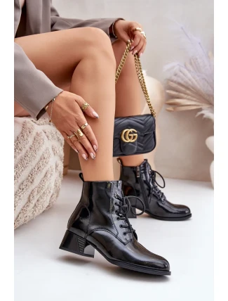 Kožené lakované kotníkové boty na podpatku zateplené D&A JC42-53 černé